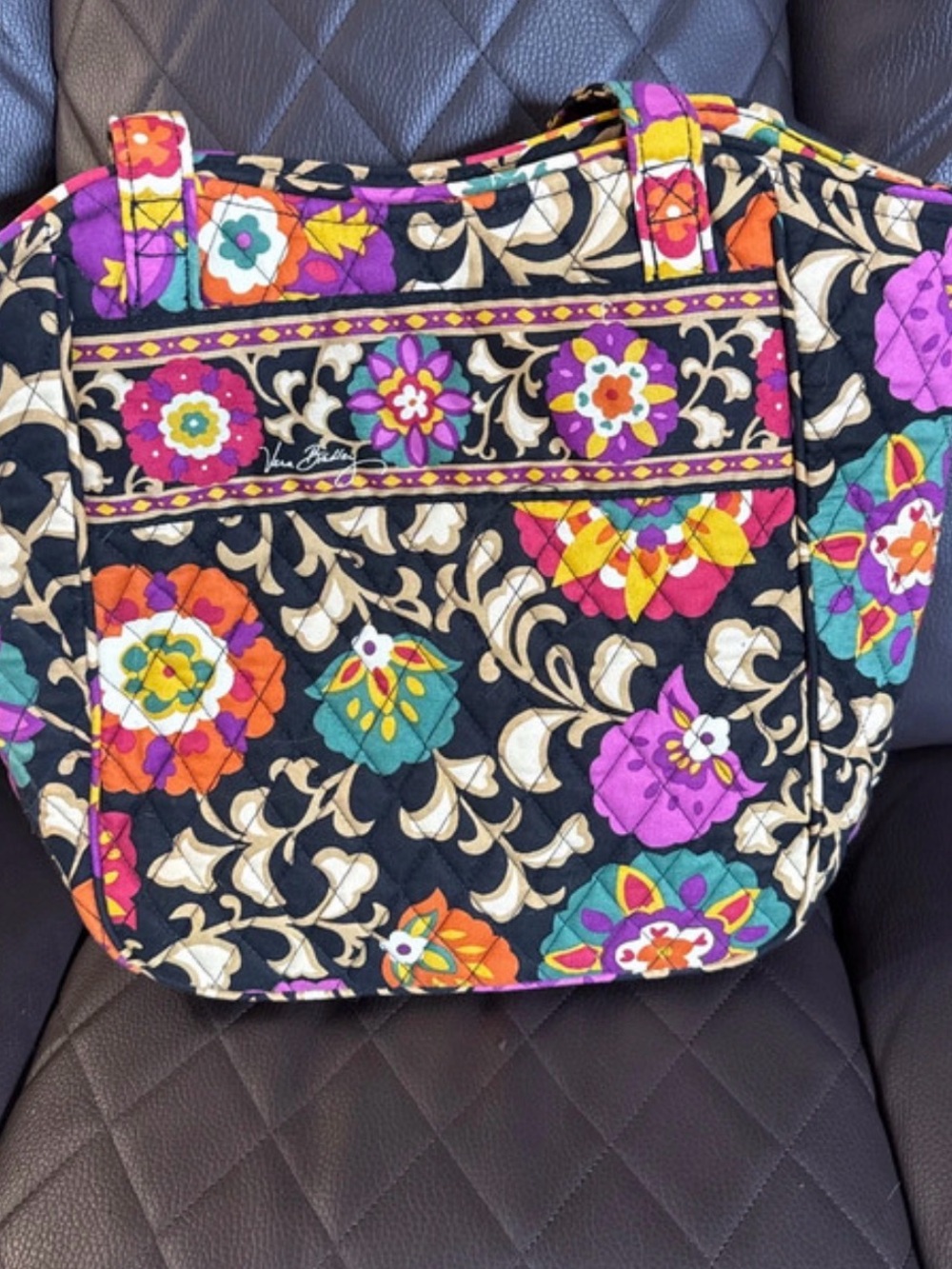 Vera Bradley Black Quilted Tote with Multicolor Floral Print